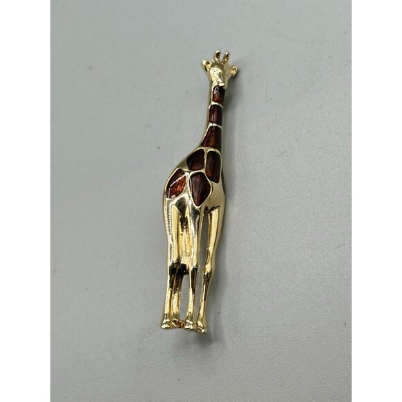 LC Signed Liz Claiborne Giraffe Pin Brooch Gold Tone & Brown Enamel Animal Pin - Picture 2 of 6